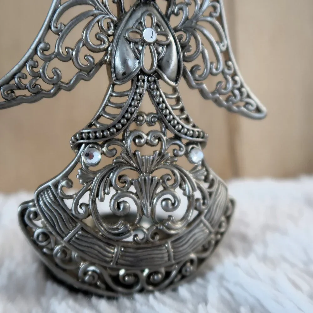 Vintage Silver Tone Metal Angel Tea Light Candle Holder Figurine - Picture 8 of 10